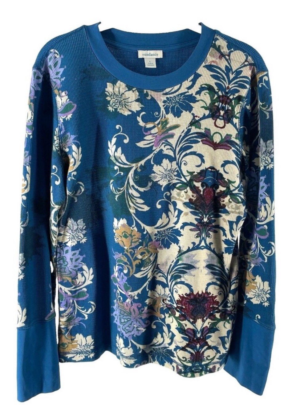 EUC Sundance Blue Floral Long Sleeve waffle knit thermal shirt Top